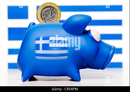 Sparschwein mit einer griechischen Flagge, symbolisches Bild für Defizit und Schuldenstand Regierungskrise in Griechenland Stockfoto