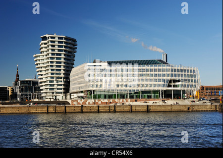 Unilever Zentrale Gebäude und Marco Polo Tower, Strandkai im Stadtteil Hafencity Hamburg, Deutschland, Europa Stockfoto