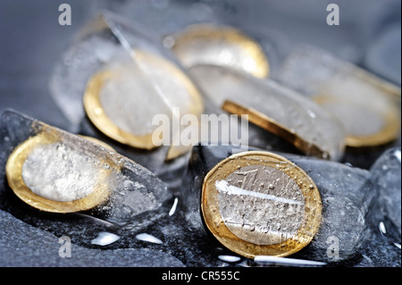 Ein-Euro-Münzen in Eiswürfel, symbolisches Bild für Einfrieren von Geldern Stockfoto