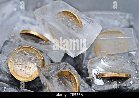 Ein-Euro-Münzen in Eiswürfel, symbolisches Bild für Einfrieren von Geldern Stockfoto