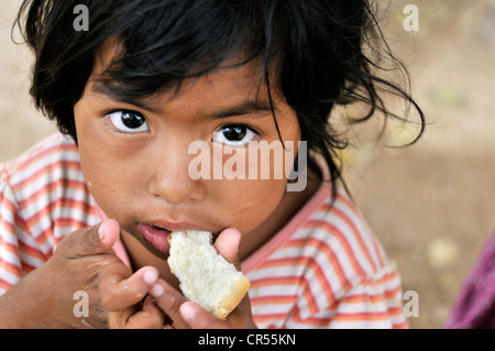 Indigene Mädchen vom Stamm Wichi-Indianer essen Brot, La Curvita Indigena Gemeinschaft, Gran Chaco, Argentinien, Südamerika Stockfoto