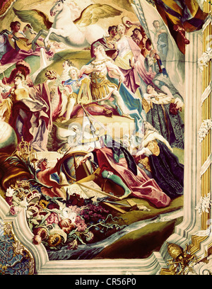 Maximilian II Emanuel, 11.7.1662 - 26.2.1726, Kurfürst von Bayern 26.5.1679 - 26.2.1726, mit Professoren der Ingolstädter Universität, Wandbild von Cosmas Damian Asam, 1734, Kirche Santa Maria de Victoria, Ingolstadt, Stockfoto