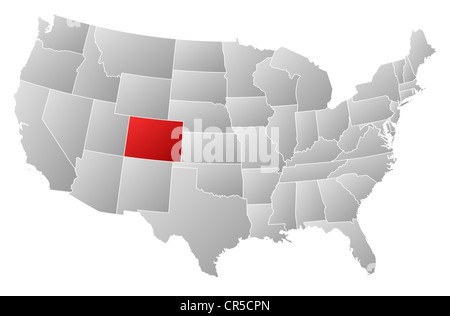 Politische Landkarte der USA mit den mehrere Staaten Colorado wo markiert ist. Stockfoto