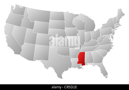 Politische Landkarte der USA mit den mehrere Staaten wo Mississippi markiert ist. Stockfoto