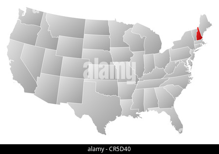 Politische Landkarte der USA mit den mehrere Staaten wo New Hampshire markiert ist. Stockfoto