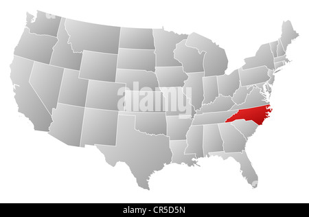 Politische Landkarte der USA mit den mehrere Staaten North Carolina wo markiert ist. Stockfoto