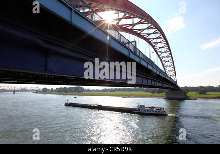 Eisenbahnbrücke über den Rhein in Duisburg-Hochfeld. Rhein während des Aufstiegs. Duisburg, Nordrhein-Westfalen, Deutschland, Europa Stockfoto