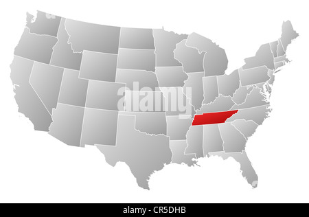 Politische Landkarte der USA mit den mehrere Staaten wo Tennessee markiert ist. Stockfoto