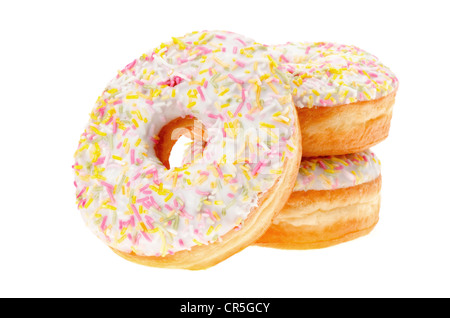 Close-up auf drei weißen Fondant iced Ring Donuts. Studio gedreht. Stockfoto