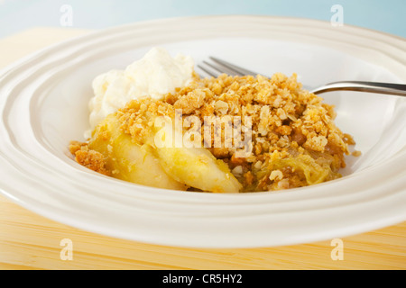 Eine Schüssel voll mit leckeren hausgemachten Apfelkuchen Rhabarber mit Schlagsahne. Stockfoto