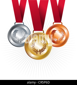Sport Gold, silberne und Bronze Positionen mit rotem Band legen Hintergrund. Vektor-Datei geschichtet für einfache Handhabung und Anpassung. Stockfoto