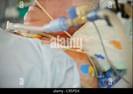 Älterer Mann liegend in einer Intensivstation, ICU, Deutschland, Europa Stockfoto