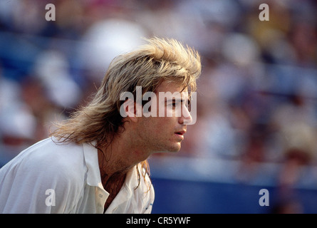 Agassi, Andre, * 29.4.1970, US-amerikanischer Athlet (Tennis), Porträt, US Open, Flushing Meadows, New York, 1989, Stockfoto