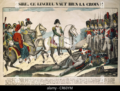 Napoleon I., 15.8.669 - 5.5.181, Kaiser der Franzosen 2.12.1804 - 22.6.1815, wobei er einen verwundeten Grenadier in der Schlacht bei Ulm, 16.- 19.10.1805, lithographisch, herausgegeben von Pellerin, Epinal, Frankreich, ca. um das Jahr um das Jahr um das Jahr um die Zeit um ein Jahr, Bayerisches Nationalmuseum, München, ehrt. Stockfoto