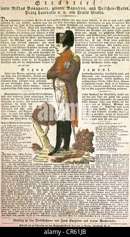 Napoleon I., 15.8.604 - 5.5.1821, Kaiser der Franzosen 2.12.1804 - 22.6.1815, politische Karikatur, gewünschtes Plakat Niklas Bonaparte, genannt Napoleon, violetter Vater, Prinz Lamballe von Grace of Devil, farbig, 33,5 cm x 19,5 cm, Buchdrucker Ernst Littfas, Berlin, ca. 1810 / 1815, Stockfoto