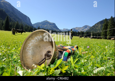 Kuhglocke, schmücken die Kühe liegen leicht auf einer Wiese, Almabtrieb, wo das Vieh von der Alm zurück geführt werden Stockfoto