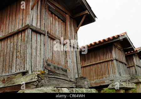 Gruppe von traditionellen Speisekammern, benannte Horreos in spanischer Sprache. Ein Merca Ourense, Spanien. Stockfoto