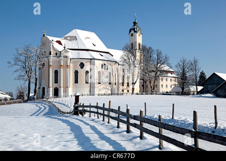 Kirche, Wallfahrtskirche Wieskirche des gegeißelten Heilandes, Schnee, Wies, Steingaden Viertel, Bayern, Deutschland, Europa Stockfoto