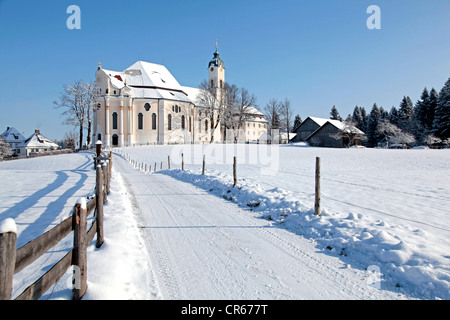 Kirche, Wallfahrtskirche Wieskirche des gegeißelten Heilandes, Schnee, Wies, Steingaden Viertel, Bayern, Deutschland, Europa Stockfoto