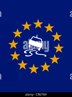 Euro-Symbol auf einem schleudern Auto-Schild in die 12 Sterne der Europäischen Union, symbolisches Bild der Krise in der Europäischen Stockfoto