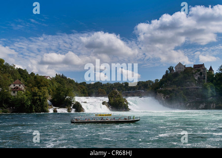 Rheinfall bei Schaffhausen, Ausflugsschiff mit Touristen davor, Schweiz, Europa Kreuzfahrt Stockfoto