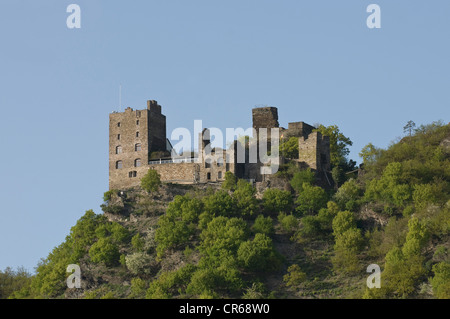 Schloss Liebenstein, Levenstein, Wohnturm Turm mit einer Schildmauer und die Überreste der Bergfried-Turm, Kamp-Bornhofen Stockfoto