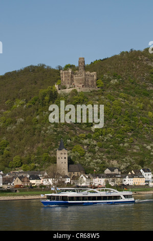 Maus-Burg über den Rhein und der Loreley Vergnügungsdampfer, St. Goarshausen Wellmich Bezirk, Oberes Mittelrheintal Stockfoto