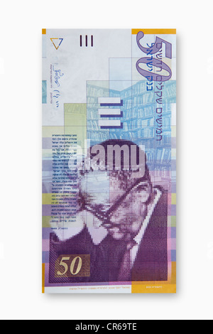 Israelischer neuer Schekel-Banknote auf weißem Hintergrund Stockfoto