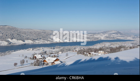 Österreich, Blick auf verschneite Agrarlandschaft, Irrsee See im Hintergrund Stockfoto