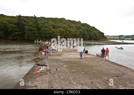 Menschen Krabben fischen oder Crabing bei Stoke Gabriel, Devon, England, Vereinigtes Königreich. Stockfoto