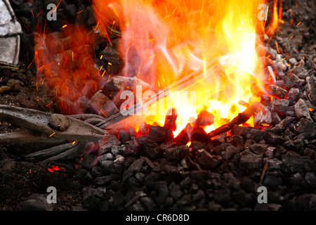 Schrott Metall erhitzt wird, in ein Feuer, Babungo, Kamerun, Afrika Stockfoto