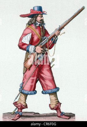 Frankreich. Armee des 18. Jahrhunderts. Musketier von der Infanterie Ludwigs XIV. mit seiner Muskete. Farbige Gravur. Stockfoto