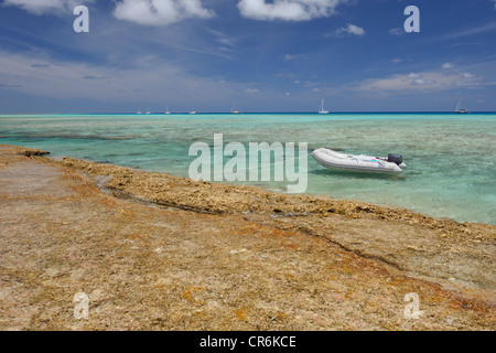 Beiboot, verankert Yachten und Korallenriff im Südosten Ende der Lagune im Norden Minerva Riff, einem abgelegenen Coral Atoll im Südpazifik Stockfoto