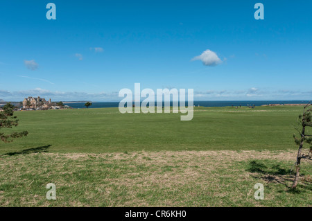 Winterfield Golfplatz Dunbar Belhaven Bay und Bass Rock im Hintergrund East Lothian, Schottland Stockfoto