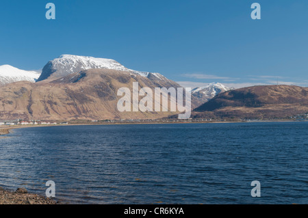 Schneebedeckte Ben Nevis über Fort William und Loch Linnhe Corpach Highland Schottland entnommen Stockfoto