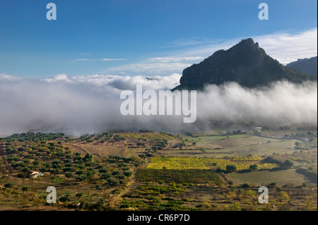 Santa Barbara, Morgennebel in Katalonien, Horta de San Juan, Spanien Stockfoto