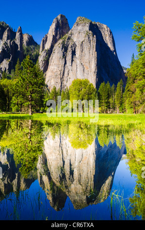Cathedral Rocks spiegelt sich im Teich, Yosemite-Nationalpark, Kalifornien USA Stockfoto