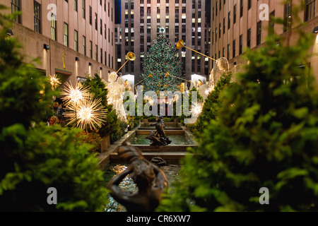 Blick auf das Rockefeller Center Weihnachtsbaum in der Nacht, New York City Stockfoto