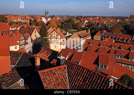 Blick vom Schlossgarten, Schlossgarten, in der Altstadt von Quedlinburg, mit St. Nicholas Church an der Rückseite Stockfoto