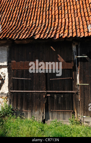 Alte hölzerne Scheune Tor auf einem Bauernhof, Königsberg, untere Franken, Bayern, Deutschland, Europa Stockfoto