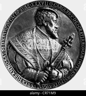 Karl V., 24.2.1500 - 21.9.1558, Heiliger römischer Kaiser 26.10.1530 - 12.9.1556, Porträt, Medaille von Hans Reinhart, 16. Jahrhundert, Stockfoto