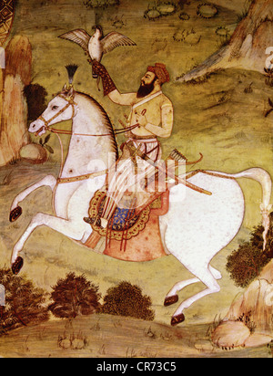 Shah Jahan, 5.1.1592 - 22.1.1666, Großmogul von Indien 1627 - 1658, halbe Länge, während der falknerei, Miniaturmalerei, Indien, ca. 1650, Schloss Schönbrunn, Wien, Österreich, Artist's Urheberrecht nicht gelöscht werden Stockfoto