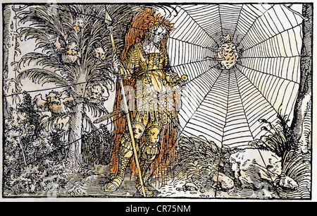 Athena, griechische Weisheitsgöttin, Rivalität mit Arachne, Holzschnitt des Petrarca-Meisters (1532 - 1620) zu 'Von der Artzney Bajder Glueck' (De redecis utriusque fortunae 1344/1366), von Francesco Petrarca (1304-1374), Stockfoto