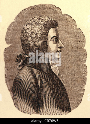 Mozart, Wolfgang Amadeus, österreichischer Komponist, geboren am 27.01.1756 in Salzburg, gestorben 05.12.1701 in Wien, Gravur der Zeitung'Das Pfennig - Magazin'vom 29.Juni 1834, später farbig, Stockfoto