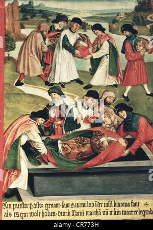 Quirinus von Neuss, ca. 130 n. Chr., Heiliger, christlicher Märtyrer, sein Tod, Bestattung des enthaupteten Quirinus, Detail einer Sagenplatte, Öl auf Holz, 82x57 cm, Bayern, ca. 1510, Stockfoto