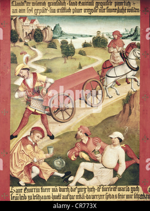 Quirinus von Neuss, ca. 130 n. Chr., Heiliger, christlicher Märtyrer, sein Tod, Bestrafung der Pfleger beim Transport der Leiche, Detail einer Sagenplatte, Öl auf Holz, 82x57 cm, Bayern, ca. 1510, Stockfoto