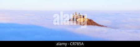 Burg Hohenzollern-Schloss im Morgenlicht, Nebel, mit herbstlichen Wald, sch.ools.it Alb, Schwäbische Alb, Baden-Württemberg Stockfoto