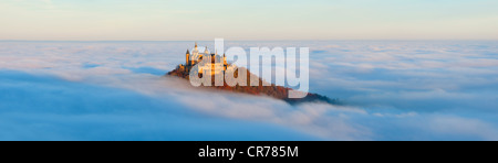 Burg Hohenzollern-Schloss im Morgenlicht, Nebel, mit herbstlichen Wald, sch.ools.it Alb, Schwäbische Alb, Baden-Württemberg Stockfoto