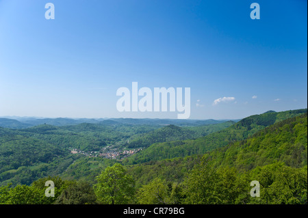 Ansicht des Pfälzer Waldes von der Madenburg-Burg Ruine, Eschbach, Deutsche Weinstraße, Suedliche Weinstraße Bezirk Stockfoto