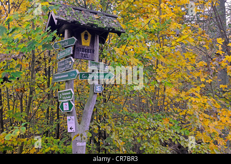 Wegweiser auf dem Wanderweg, Naturpark Maerkische Schweiz, Buckow, Brandenburg, Deutschland, Europa Stockfoto